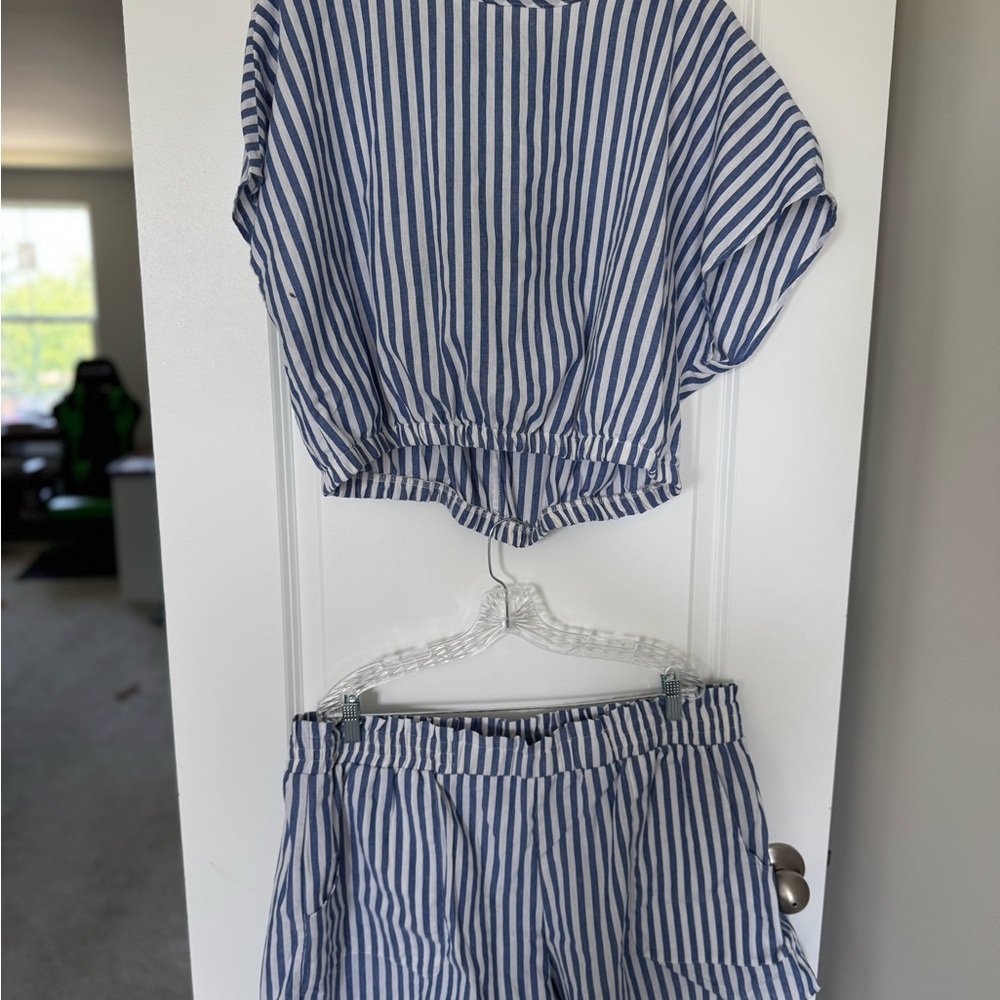 SHEIN Blue and White Striped Two-Piece Set
